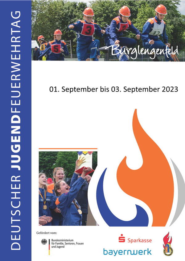 Das Bild zeigt bunte Flammen und Kinder, die &uuml;ber ein Hindernis springen, und Kinder, die eine Medaille haben und jubeln. Text: Deutscher Jugendfeuerwehrtag 01. September bis 03. September 2023