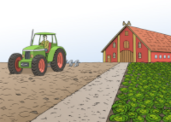 Das Bild zeigt einen Traktor auf einem Feld. Dahinter steht eine Scheune.