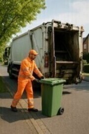 Das Bild zeigt einen Mann, der eine M&uuml;ll-Tonne zum Entleeren bringt.