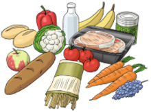 Das Bild zeigt viele Lebensmittel. Zum Beispiel Fleisch, Gem&uuml;se und Brot.